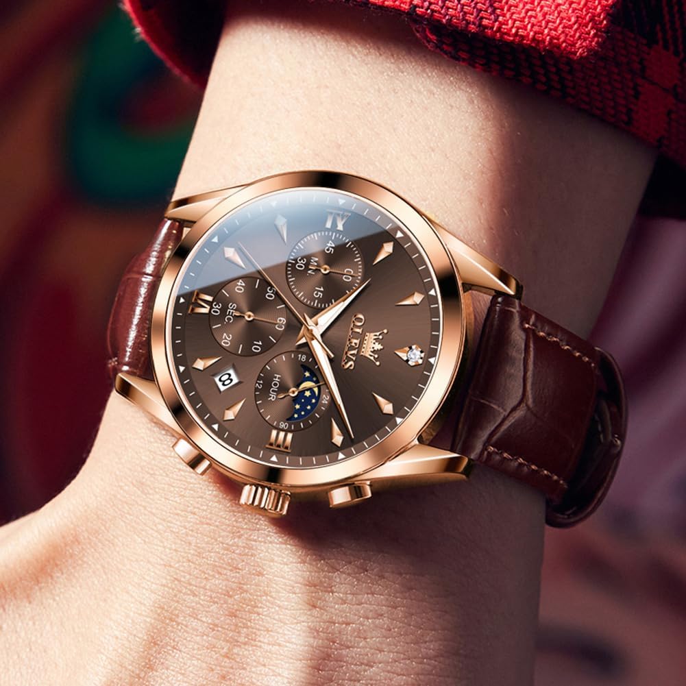 OLEVS Men's Leather Analog Quartz Watch - Luxury Chronograph Wristwatch with Date, Waterproof, Luminous - Dress Style - Image 3