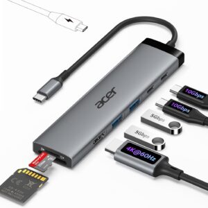 Acer 8 in 1 USB C Hub 10Gbps, USBC to HDMI Adapter 4K@60Hz, 2×USB-C 3.2, 2×USB A 3.0 Data Transfer, 100W PD Port Type C Multiport Splitter with SD/TF Card Reader, for MacBook Neo, Laptop, PC, Desktop