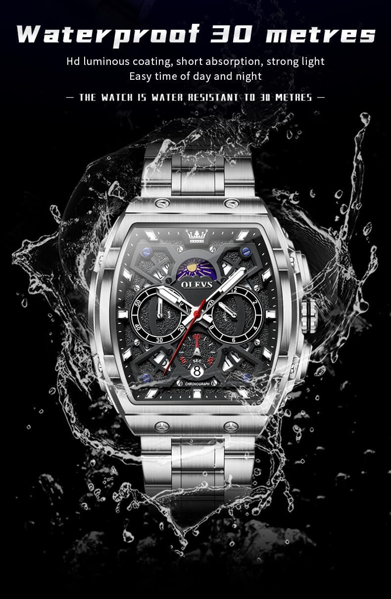 OLEVS Men Watches Business Dress Chronograph Big Square Quartz Analog Male Watch Silicone Strap Waterproof Date Gift Mens Wrsit Watch Silver - Image 4