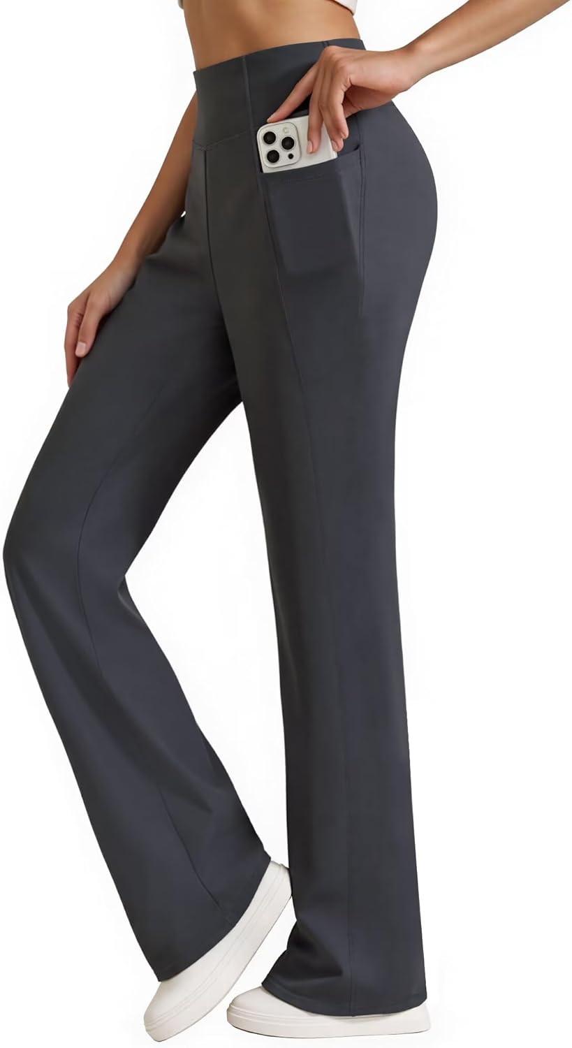 Womens High Waist Yoga Pants Stretchy Casual Trousers Straight Leg Pull On Side Pockets - Image 2
