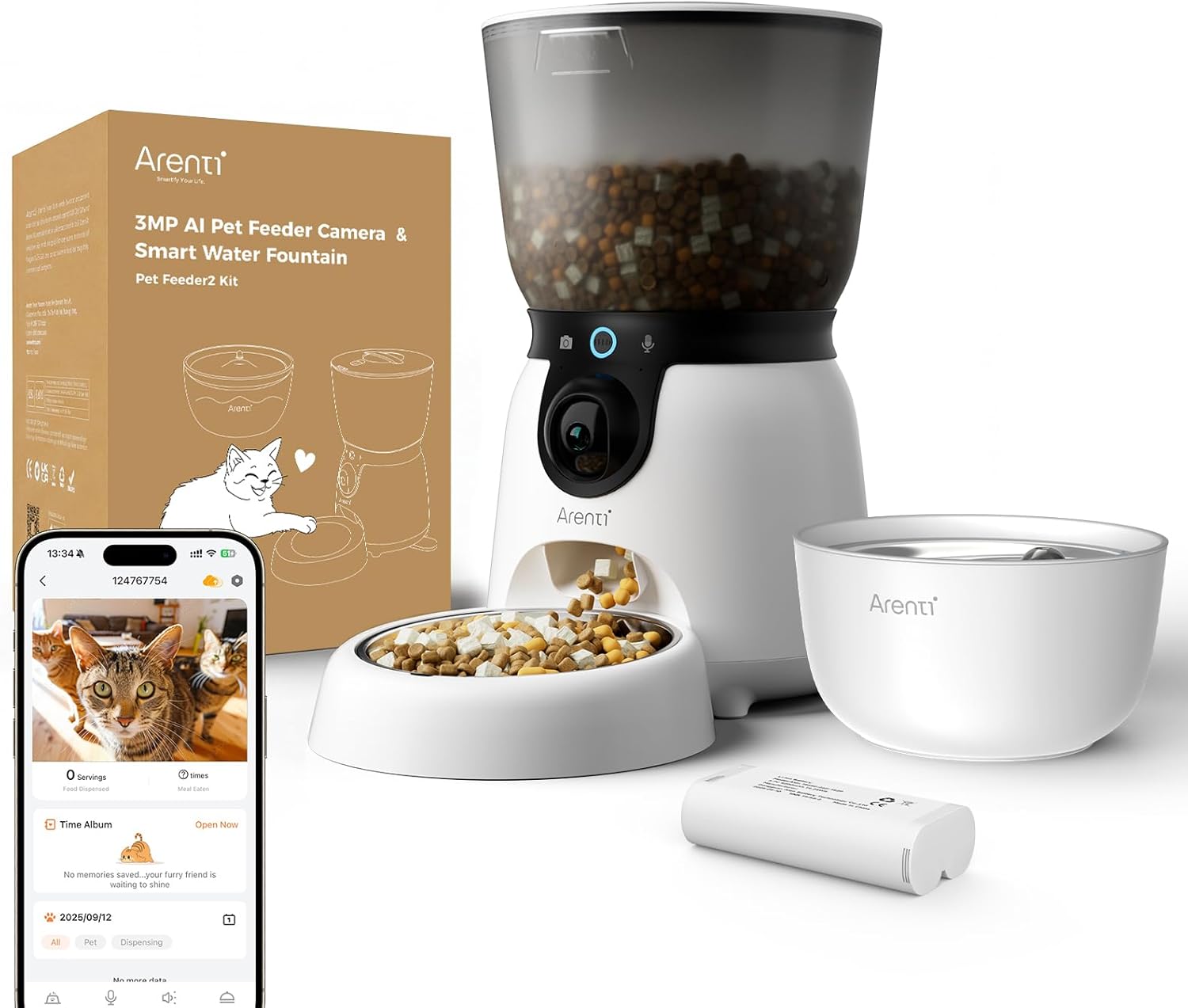 ARENTI Automatic Cat Feeder and Water Dispenser with Camera, 2K Adjustable View & Invisible Privacy Mode, 4.5L Cat Food Dispenser Fountain Combo, 5G/2.4G WiFi, 2-Way Audio, AI Alerts, Battery Backup