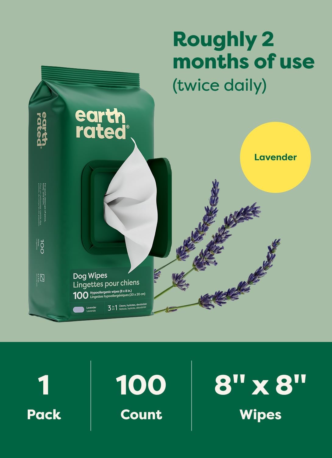 Earth Rated Dog Wipes, Hypoallergenic, 3-in-1 Cleaning and Hydrating, for Grooming Paws, Body and Butt, Lavender Scented, 100 Count - Image 8