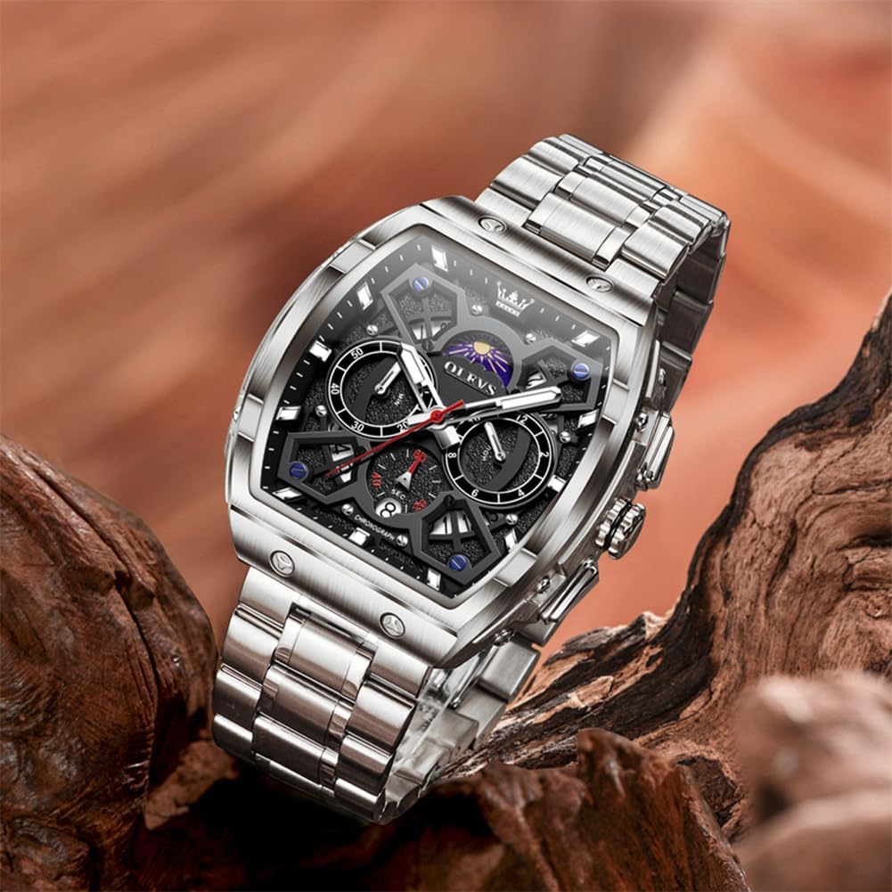 OLEVS Men Watches Business Dress Chronograph Big Square Quartz Analog Male Watch Silicone Strap Waterproof Date Gift Mens Wrsit Watch Silver - Image 6