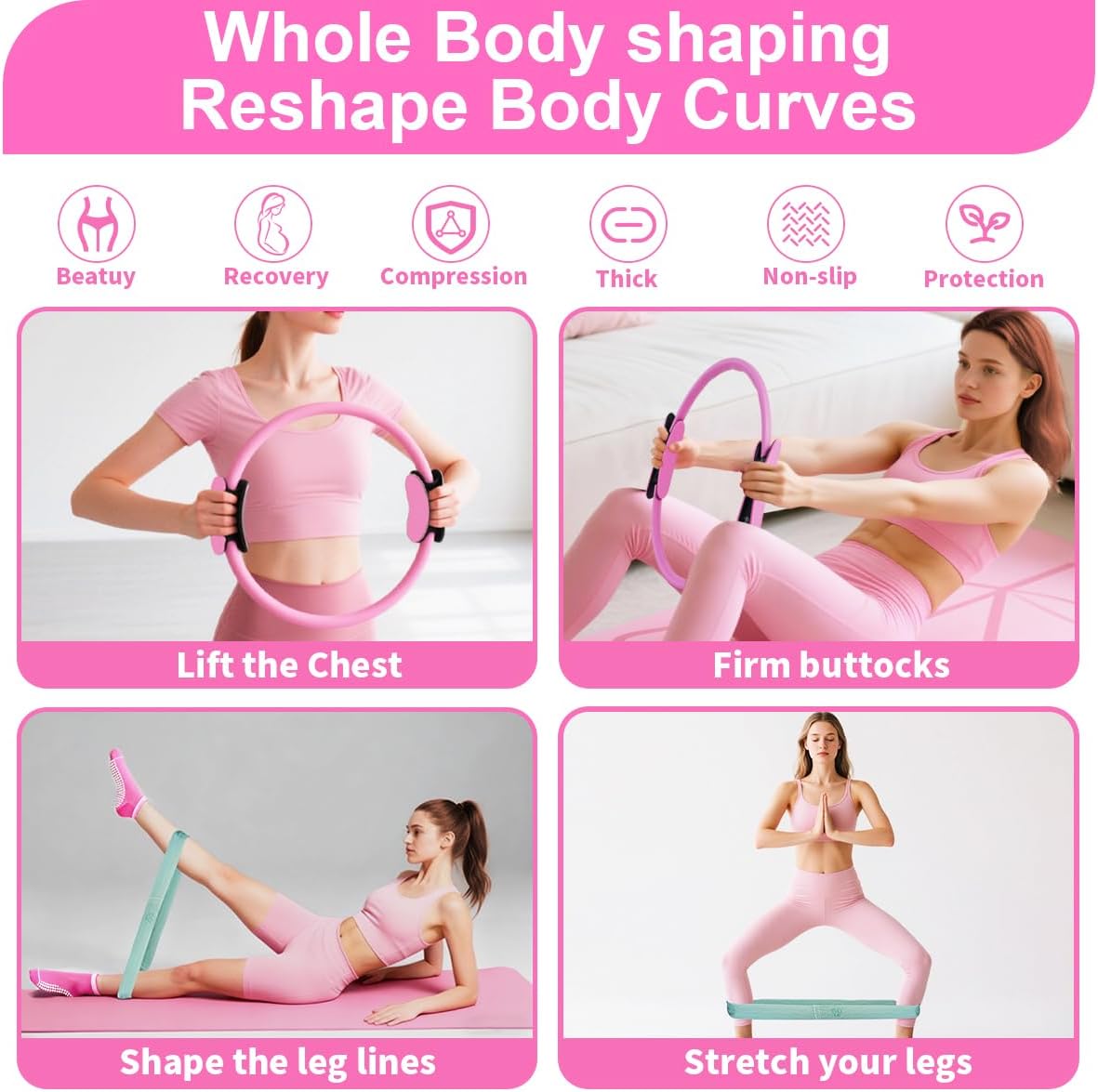 Home Pilates Kit for Women, Workout Set with 12.9" Ring, 9.8" Mini Ball, 4 Fabric Bands, Figure-8 Band, Stretch Band, D-Ring Strap, Cordless Jump Rope, Socks, Carry Bag - Image 4