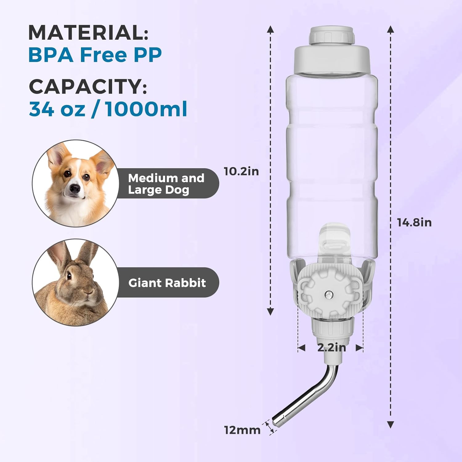 Vannon Rabbit Water Bottle for Cage, Top Fill 34oz Bunny Water Bottle No Drip Automatic Water Dispenser for Dog, Rabbit, Guinea Pig & Small Animals Hanging Cage Water Bottle - Image 4