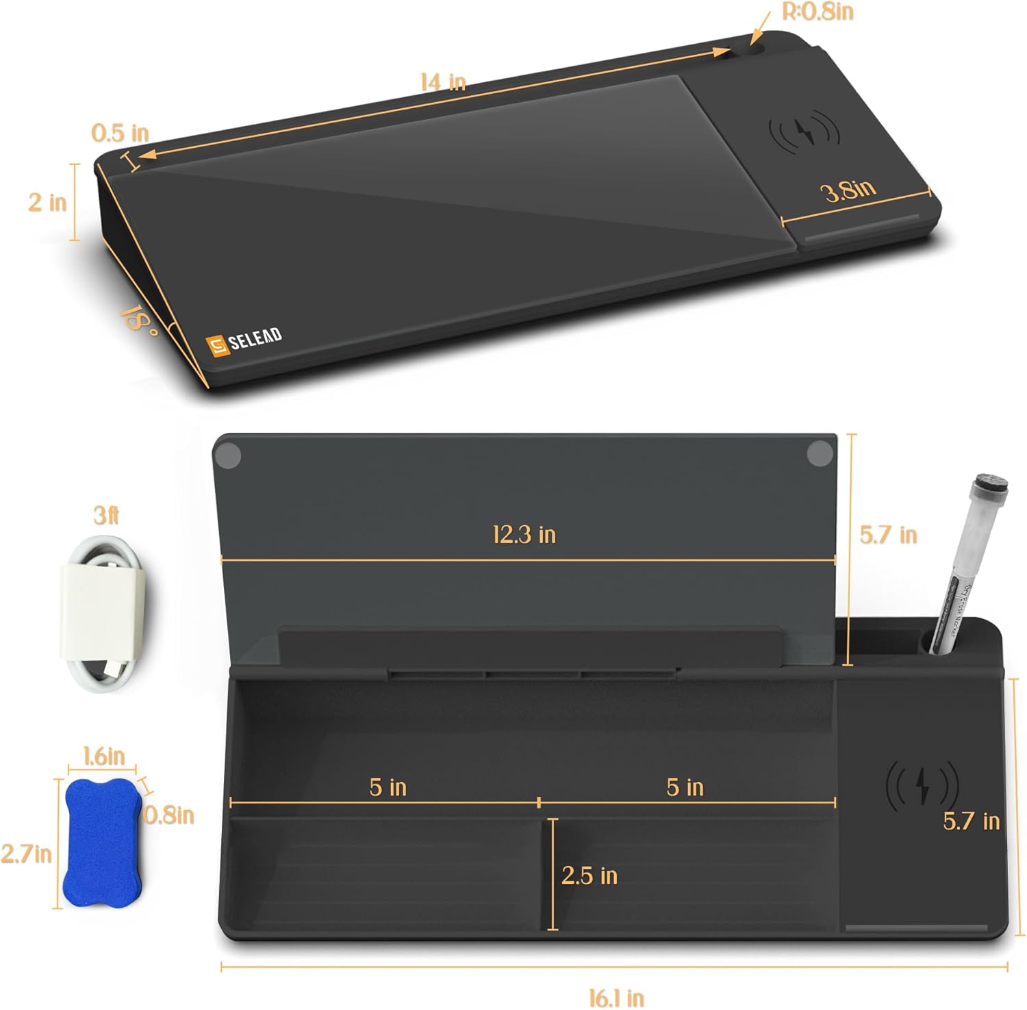 SELEAD Desktop Glass Whiteboard with Wireless Charger Station, Dry Erase Board Computer Pad Keyboard Stand with Organizer for Home, School, Office Desk Accessories, Black - Image 7