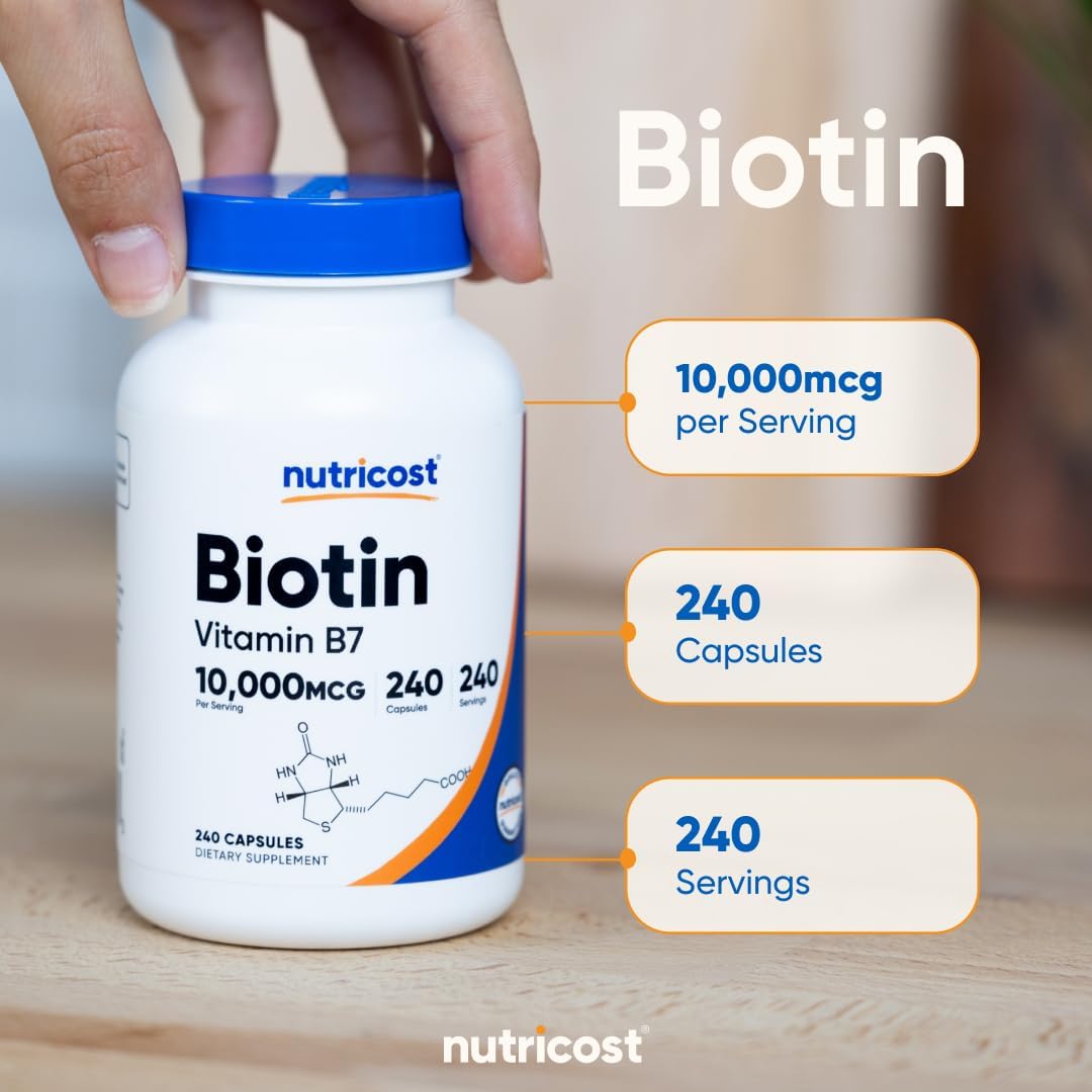 Nutricost Biotin (Vitamin B7) 10,000mcg (10mg) Vitamin Supplement, 240 Capsules - Vegetarian, Gluten Free, Quick Release, Non-GMO - Image 6
