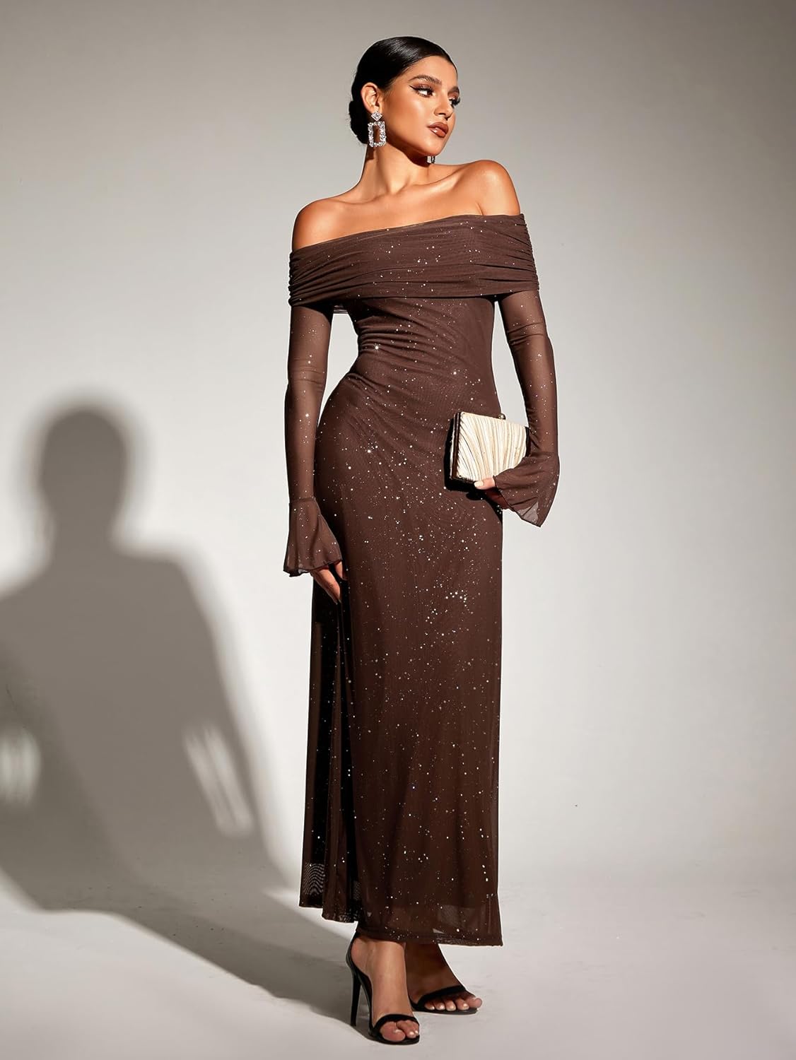 KUTUMAI Women Off Shoulder Bodycon Maxi Dress Long Sleeve Mesh Ruched Party Formal Wedding Guest Dresses - Image 2