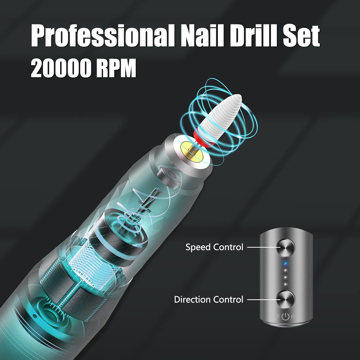 Electric Nail Drill Machine Professional, Rechargeable Cordless Nail File with Bits Kit for Acrylic Gel Dip Nails, Efile Manicure and Pedicure Kit for Home Salon Grinding Polishing Removing, Gray - Image 6