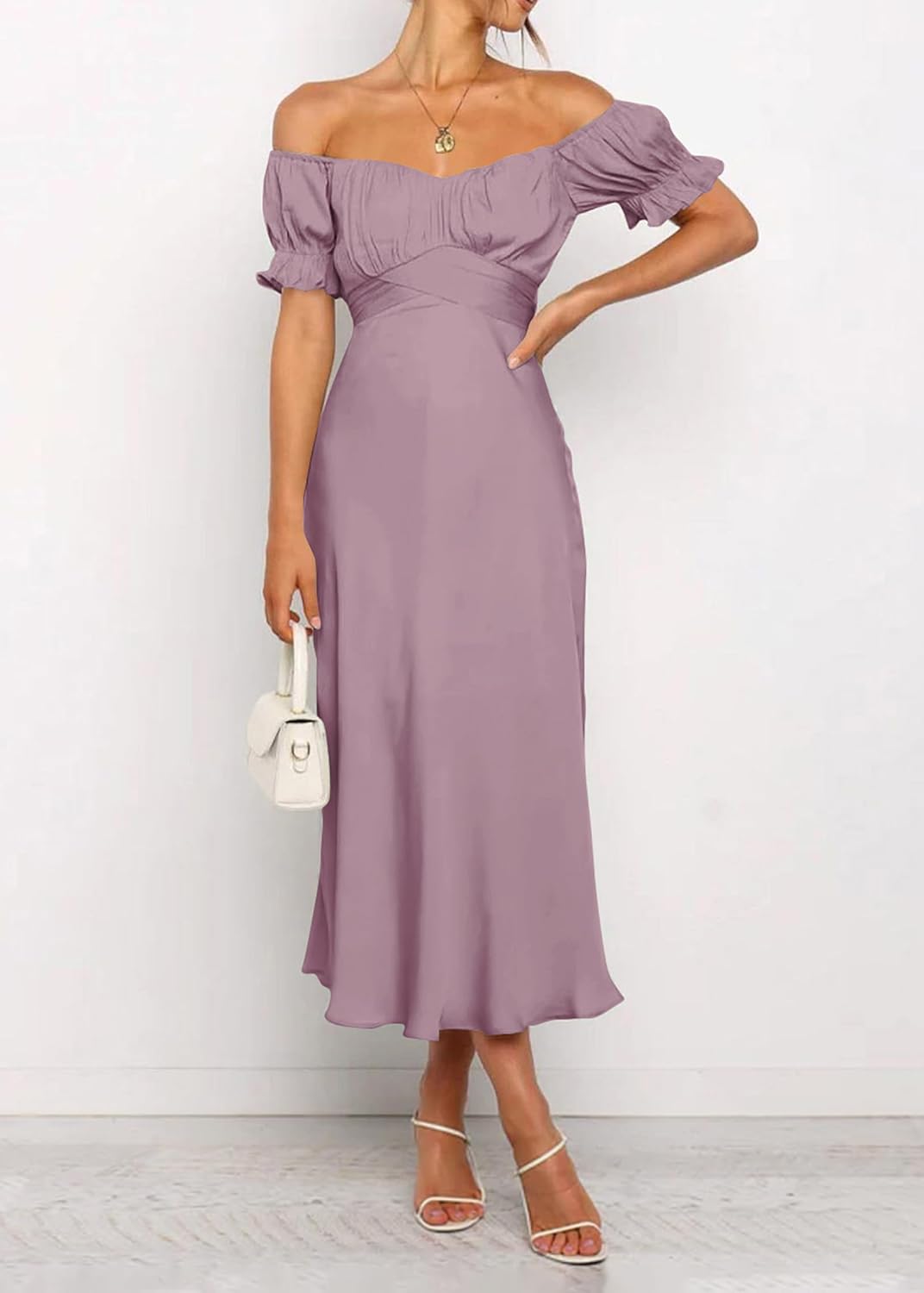 KIRUNDO Women's 2026 Spring Summer Satin Wedding Guest Midi Dress Off The Shoulder Wrap Party Cocktail Formal Prom Dresses - Image 3