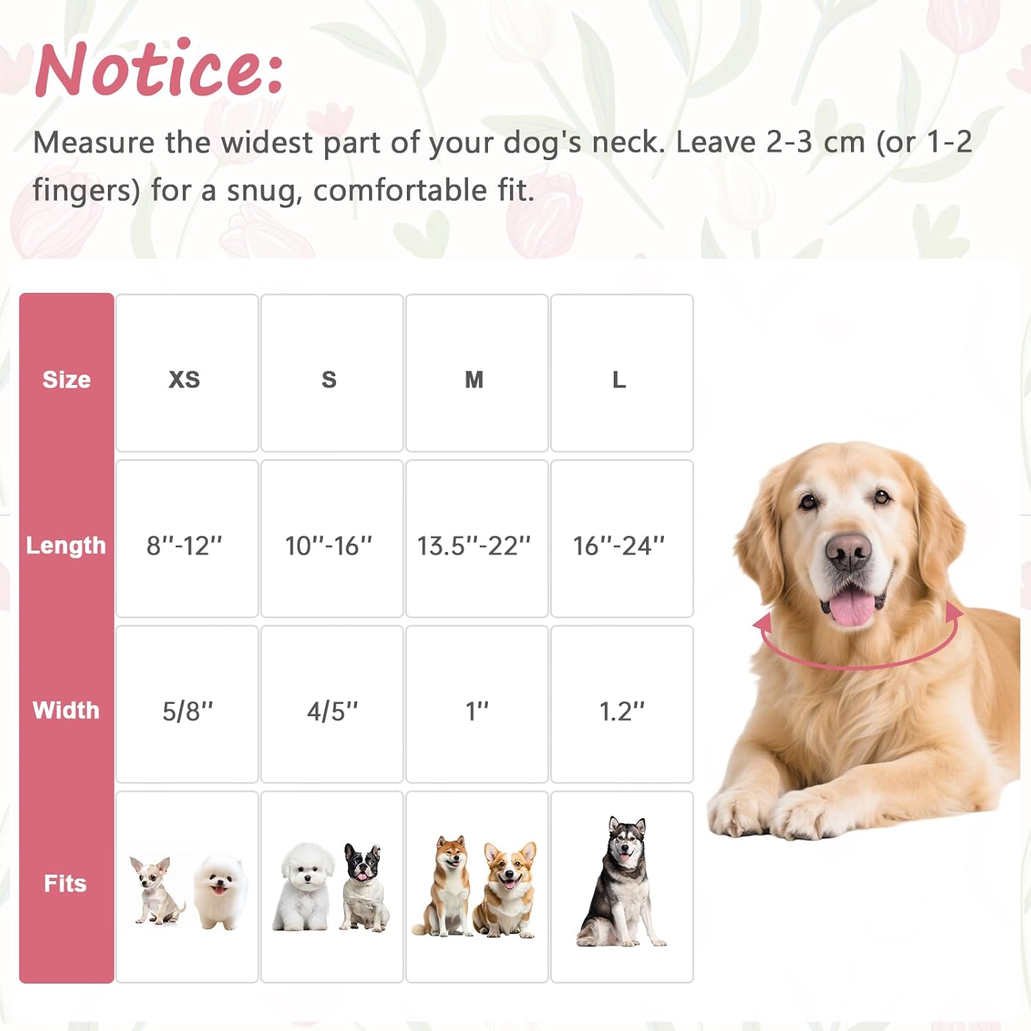Dog Collar with Tulip Patterns, Spring Summer Collection Dog Collar with Exquisite Pendant, Durable Adjustable Collars for Gifts & Daily Use-S - Image 2