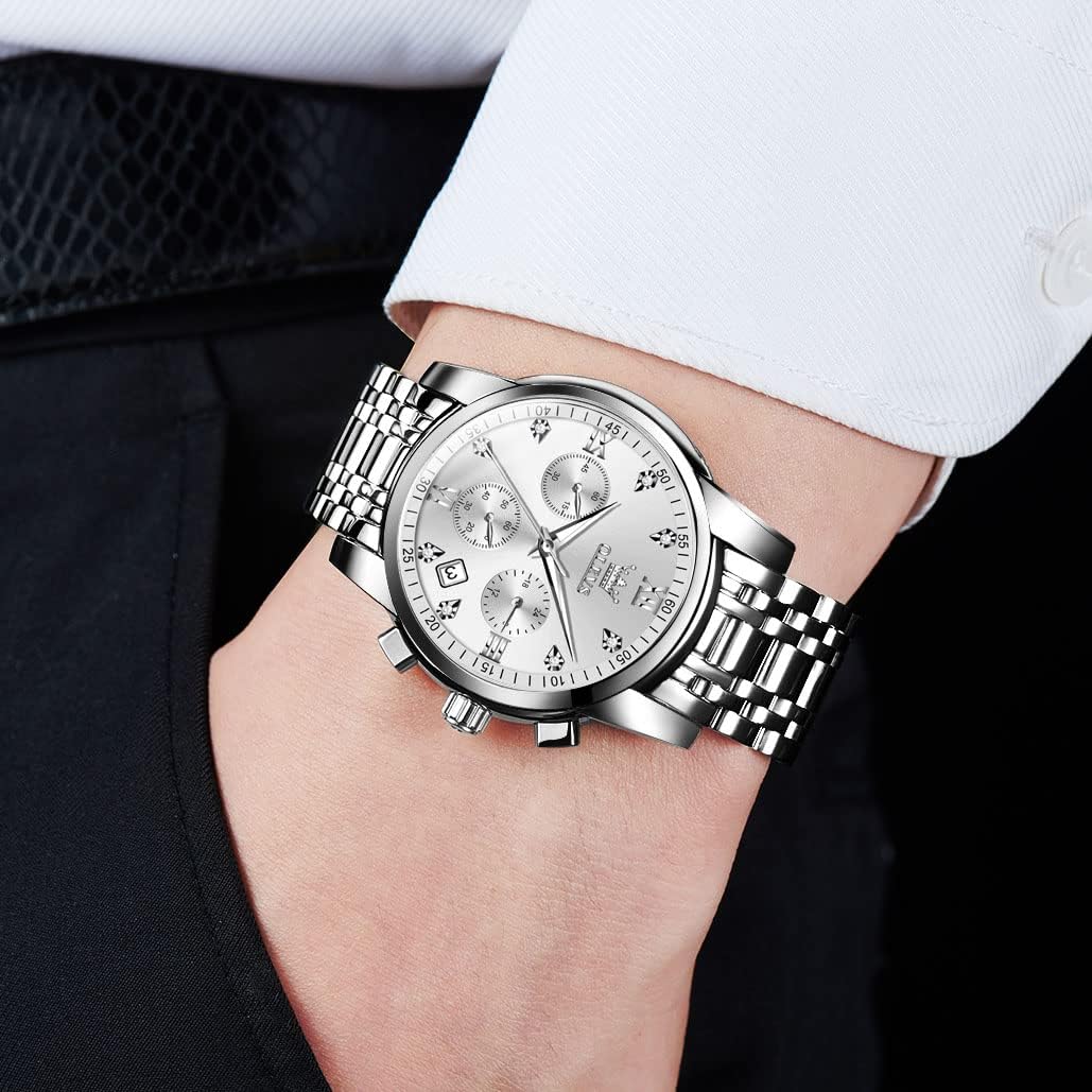 OLEVS Men's Stainless Steel Chronograph Watch, Big Face Gold Silver Black Tone Easy to Read Analog Quartz Watch, Luxury Waterproof Date Diamond Roman Arabic Numerals Dial Dress Watch for Men - Image 3