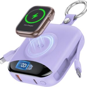 Portable Charger, 10000mAh 22.5W Fast Charging Power Bank with Built-in Cables, Travel Essentials Battery Pack with LED Display for iPhone, Portable iWatch Charger for 11/10/9/8/7/6/5/SE/Ultra Purple