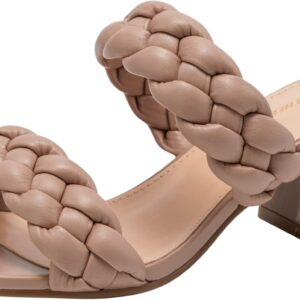 Athlefit Women’s Braided Heeled Sandals Strappy Square Open Toe Heels Backless Mules Slip On Block Heels