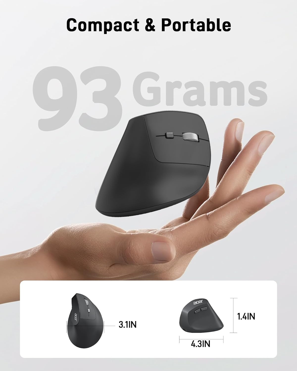 acer Ergonomic Mouse Wireless, Adjustable DPI Vertical Mouse 1000/1200/1600 with 6 Buttons, Rechargeable Ergo Mice, Medium to Large Sized Hands, 2.4GHz USB Receiver for Computer, Laptop, PC - Image 9
