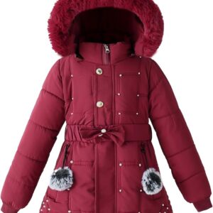 Girls Winter Dress Coats Faux Fur Hooded Fleece Jackets Waterproof Parka Outwear