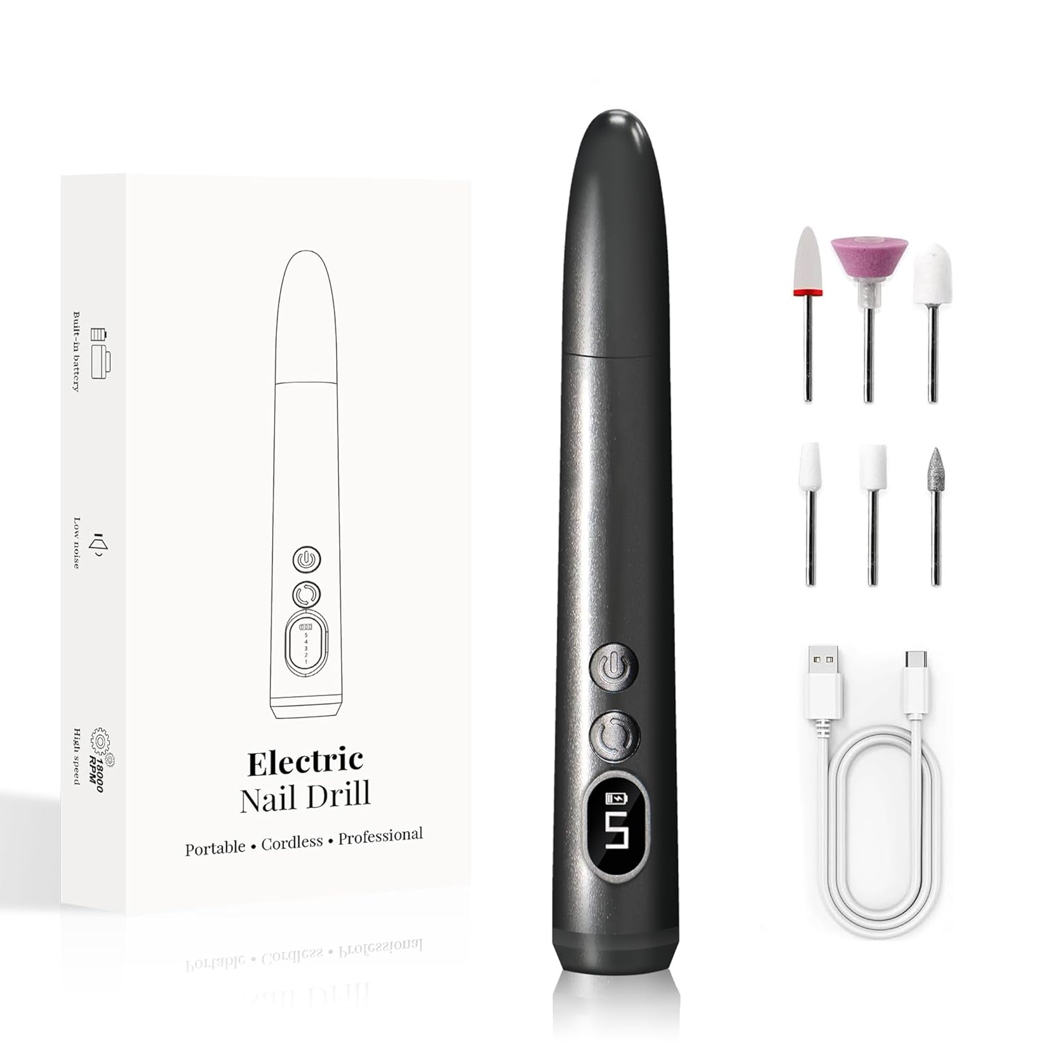 Beginner Nail Drill Kit (Ideal for Nail Beginners!) – Easy & Gentle Practice for Home Learning, 5 Adjustable Speeds with LED Light, Cordless Rechargeable, Lightweight Grip (Grey)