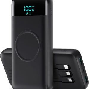 Wireless Portable Charger 40800mAh with 3 Built-in Cables,7-in-1 15W Wireless Charging Power Bank,25W PD QC 4.0 Fast Charging USB C Travel Essentials Battery Pack for iPhone 17/16/15/14,Galaxy,Android
