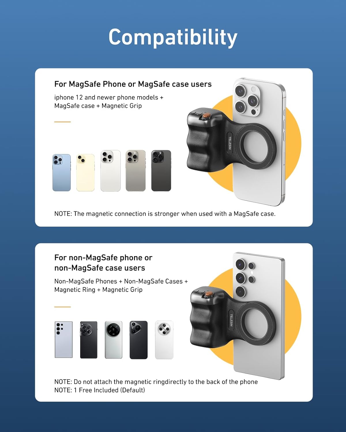 TELESIN Fun Shot Magnetic Phone Camera DSLR Style Shutter Grip for Magsafe iPhone & Android with Detachable Wireless Shutter Button - Official Grip -Comfort Ergonomic Phone Grip Handle Holder(B) - Image 7