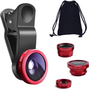 KINGMAS 3 in 1 Universal Fish Eye Lens, Macro Clip Lens Wide-Angle Camera Lens Kit for iPad iPhone Samsung Android and Most Smartphones (Red)