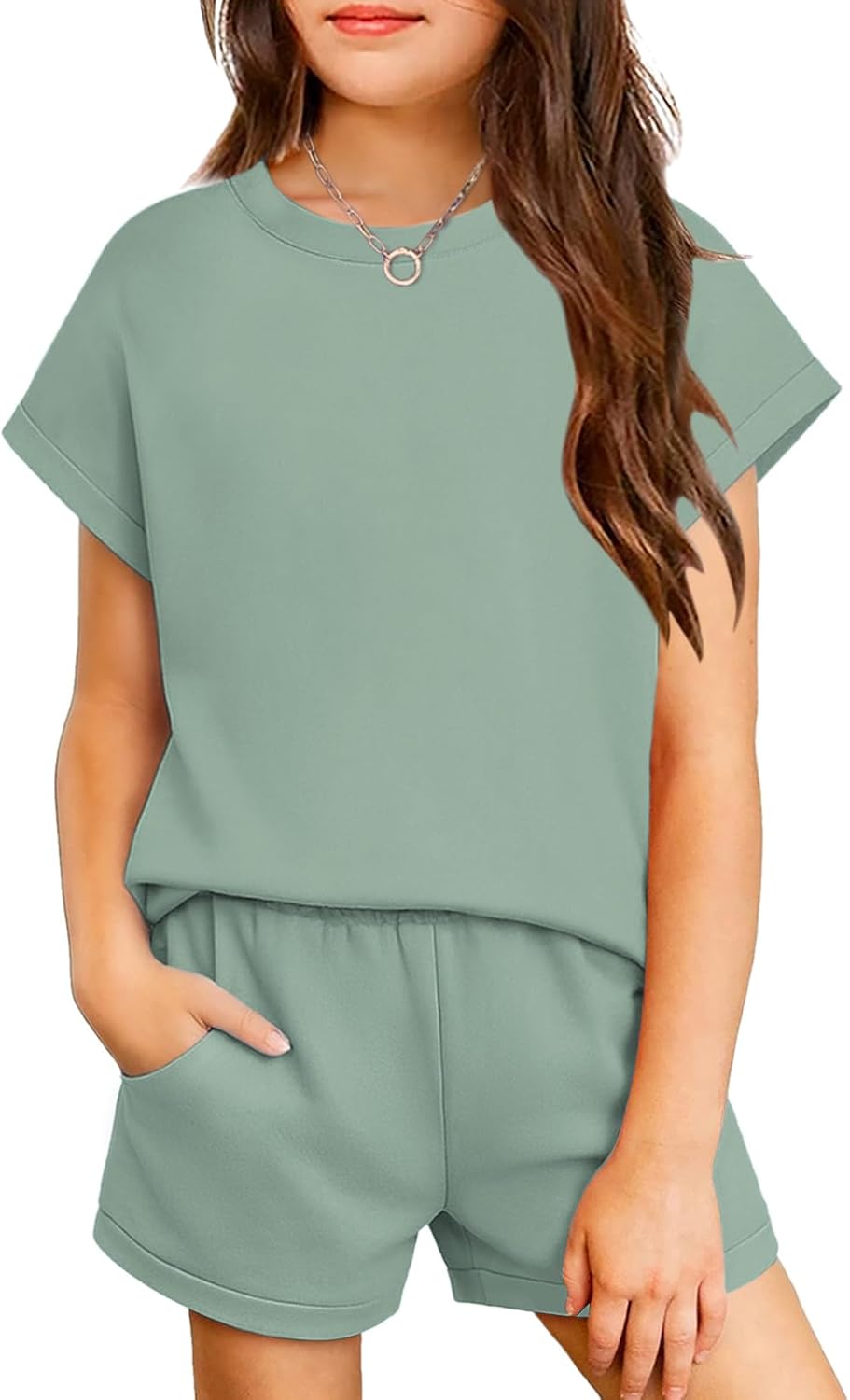 Arshiner Girls Summer 2 Piece Outfits Short Sleeve T Shirts Top and Shorts Clothing Sets with Pockets