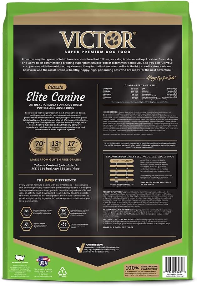 VICTOR Super Premium Dog Food – Elite Canine Dry Dog Food with Chicken & Fish Meal – 25% Protein, 14% Fat, Gluten Free – for Large Breed Dogs & Puppies, 15lbs - Image 3