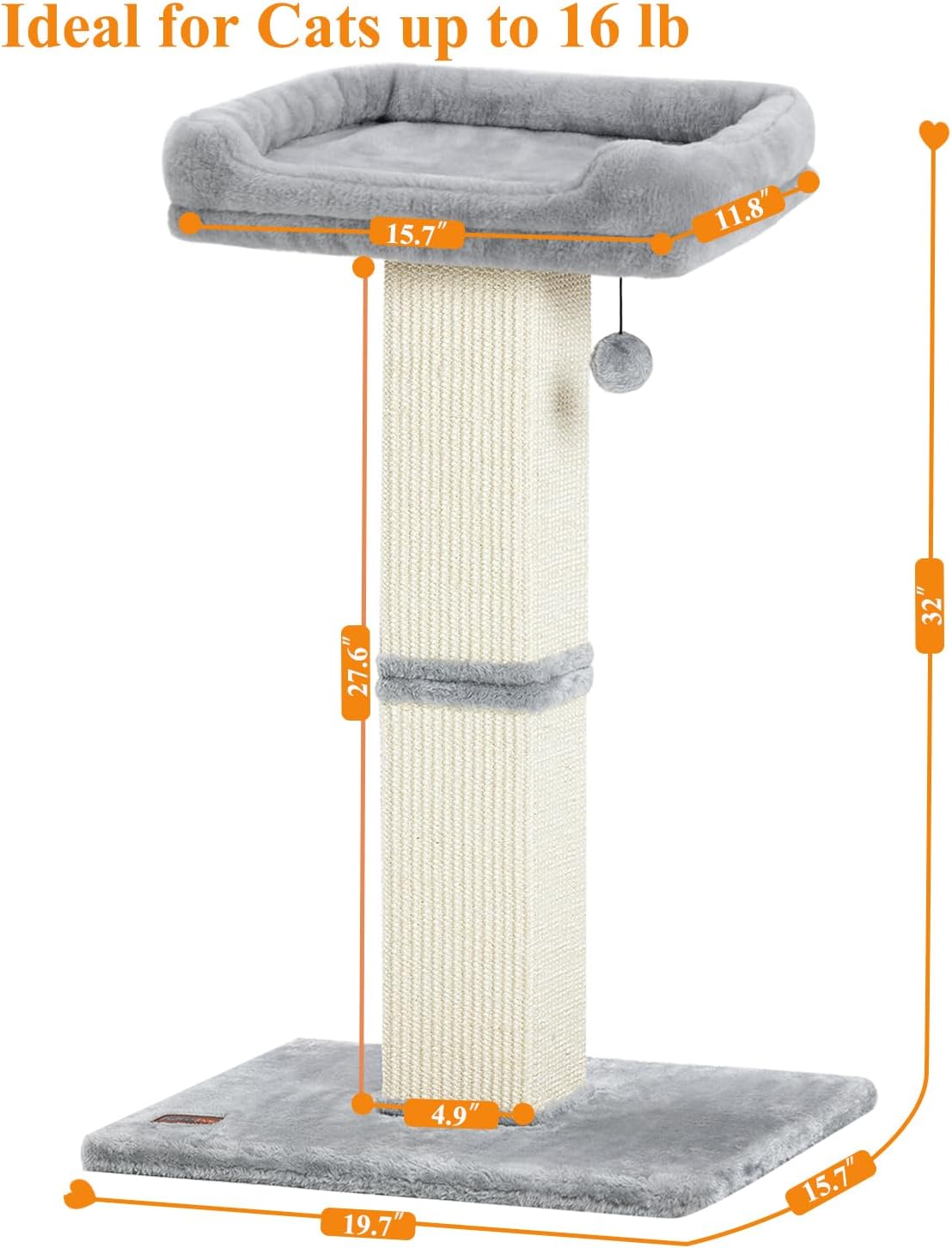 Karolpar 32" Cat Scratching Post for Indoor Cats, Sisal Cat Scratcher with Plush Perch, Large Scratch Post with Bed, Removable Cover, Sisal Fabric,Light Grey - Image 6