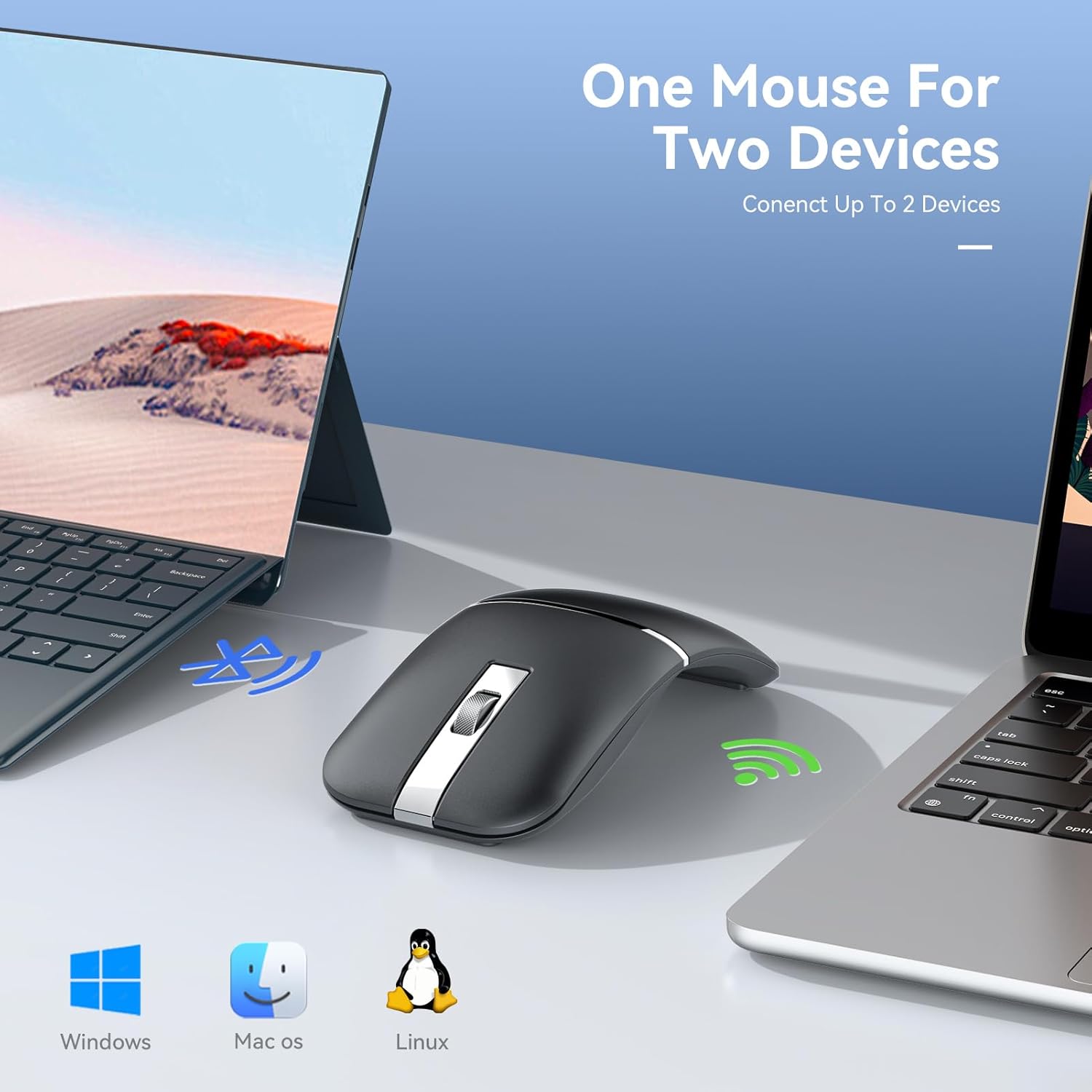 Bluetooth Wireless Arc Travel Mouse, Dual Model (2.4G+BT5.1) Rotating Foldable Mouse for Microsoft, Rechargeable Slim Portable Mice for Laptop, Notebook, PC, MacBook, Chromebook, Lenovo - Black - Image 3