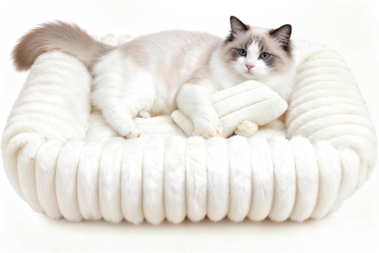 Cat Beds for Indoor Cats, Square Self Warming Cat Bed Orthopedic Pet Bed with Pillow Super Soft Rabbit Fur Small Dog Beds, Calming Plush Kitten Bed with Removable Washable Cover & Anti-Slip Bottom - Image 9
