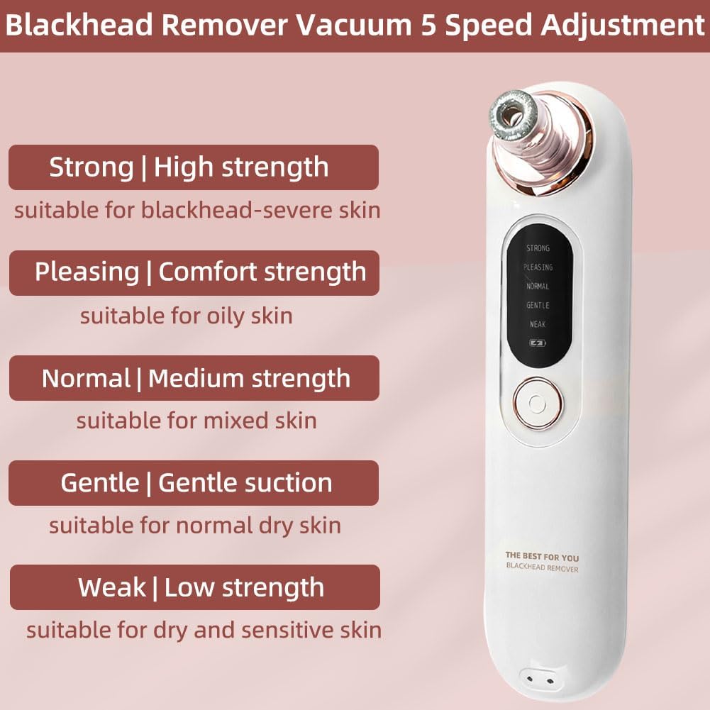 2026 Upgraded 5-Speed Blackhead Remover Vacuum, Type-C Rechargeable Blackhead Extractor with 4 Removable Heads, Black Head Extractor Tool for Women and Men, White Heads Removal for Face & Nose - Image 4