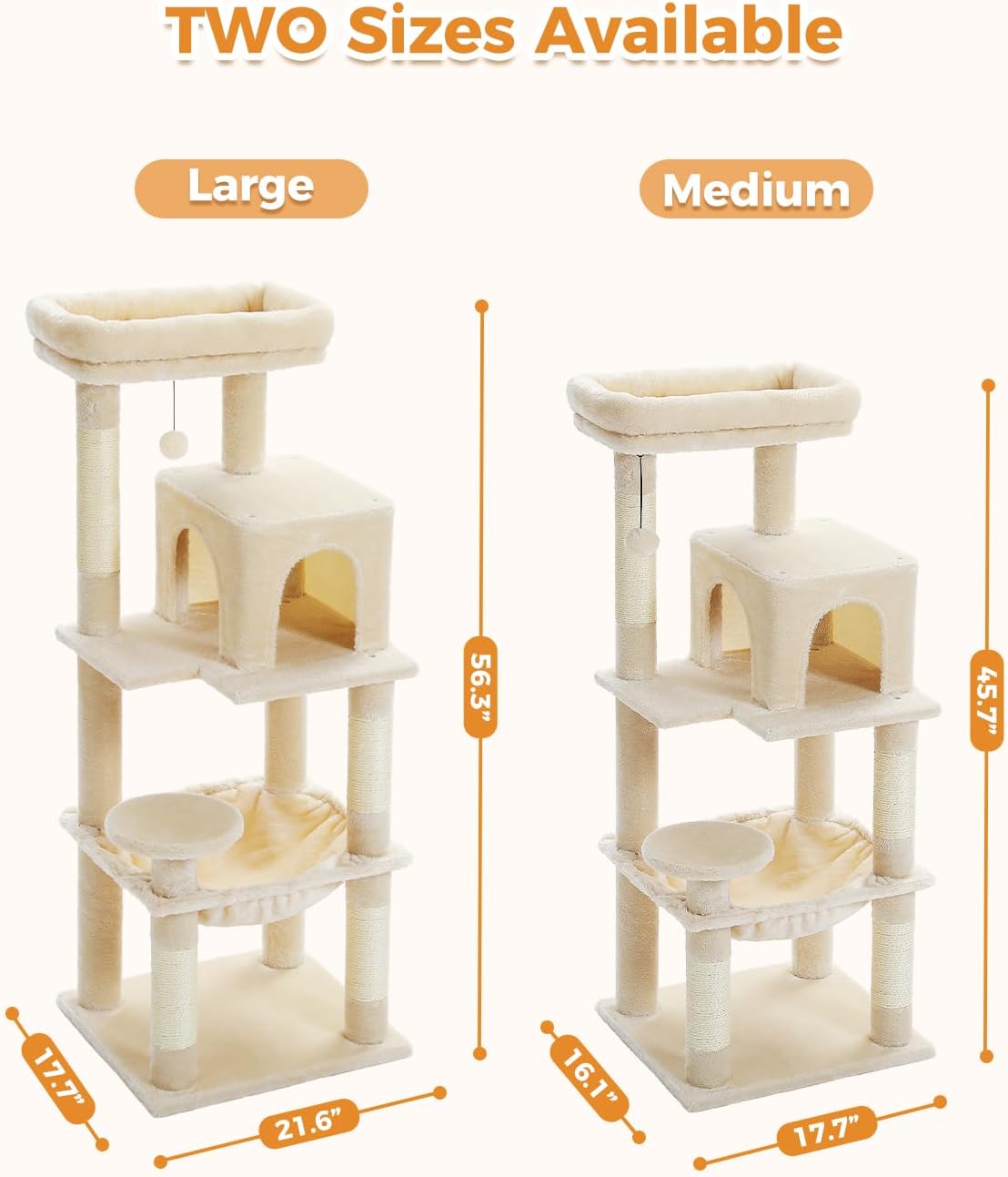 MUTTROS Cat Tree for Large Cats Adult with Metal Plush Big Hammock, 56.3" Cat Tower with 2 Door Condo House, 6-Tier Cat Shelves with Scratching Posts and Large Top Perch, Beige - Image 8