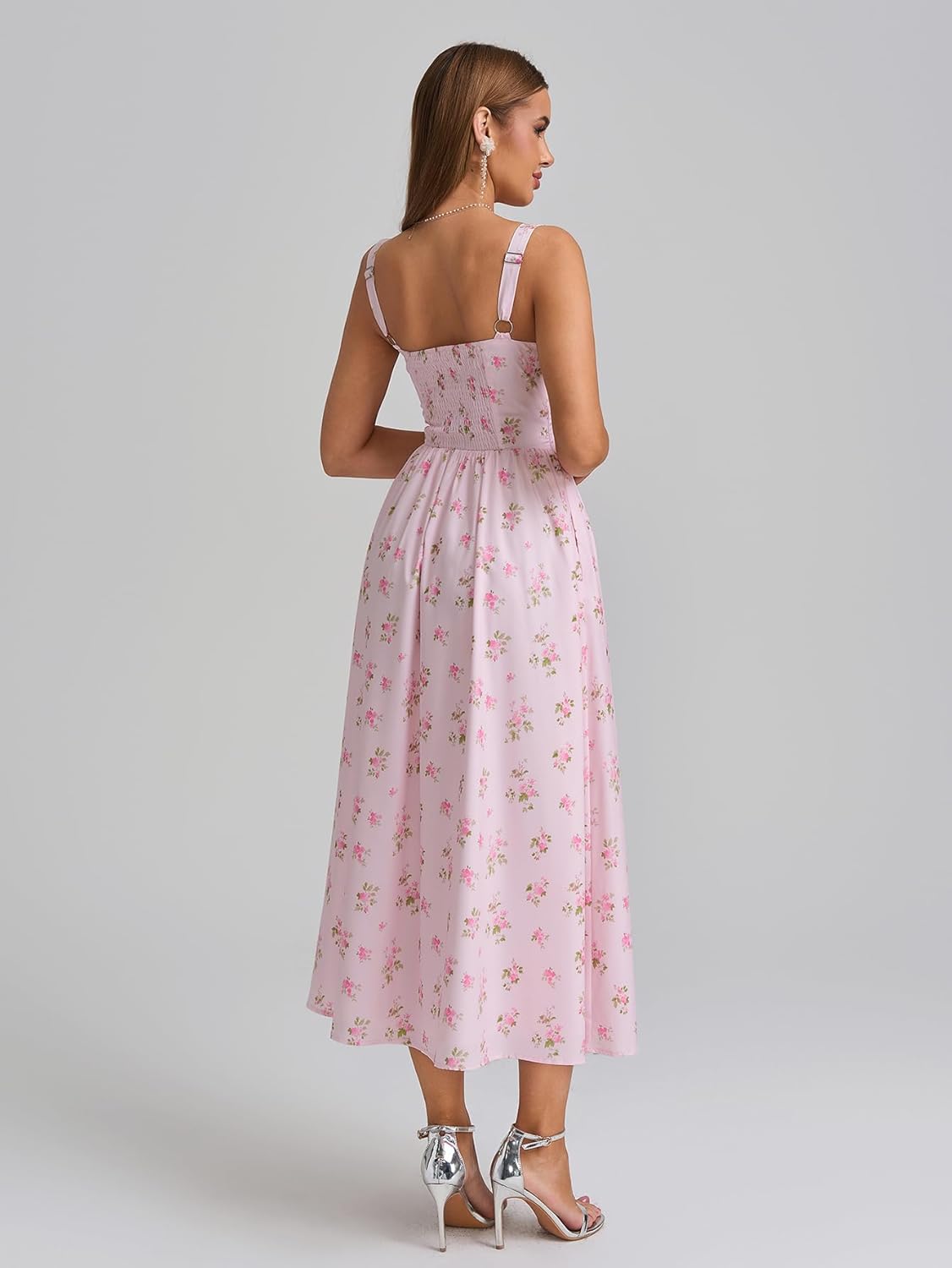 KUTUMAI Floral Corset Midi Dress Flowy Slit Summer Spring Wedding Guest Dresses for Women Sundress with Pockets - Image 3
