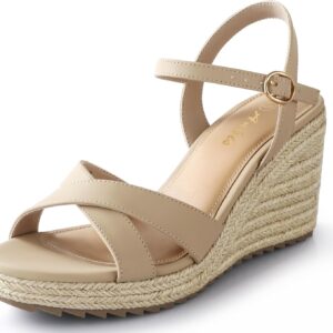 Ankis Wedge Sandals for Women, Espadrille Womens Wedge Sandals Comfortable Open Toe Cross Band Ankle Strap High Heel Wedges for Women Dressy Summer -3.4Inch