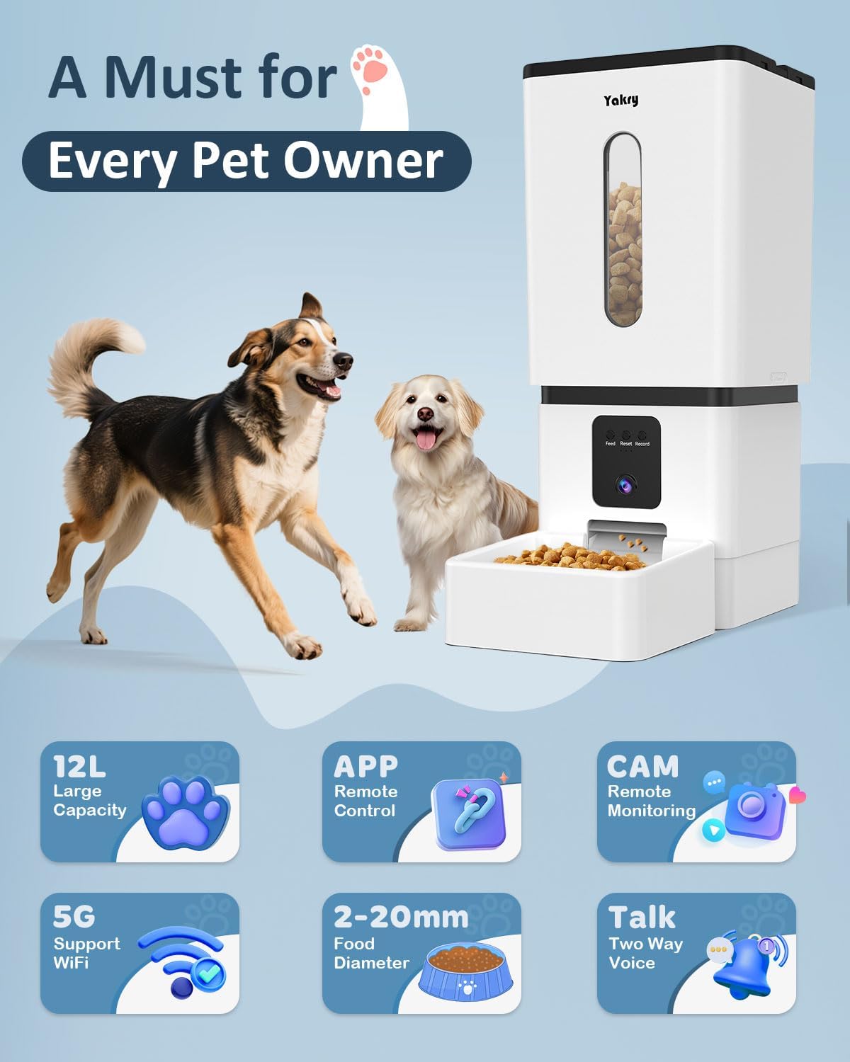 Automatic Dog Feeder Large Breed with Camera - 12L/50 Cups 5G WiFi App Control Dog Food Dispenser, Easy Setup, HD 1080P Video with Night Vision by Yakry - Image 9