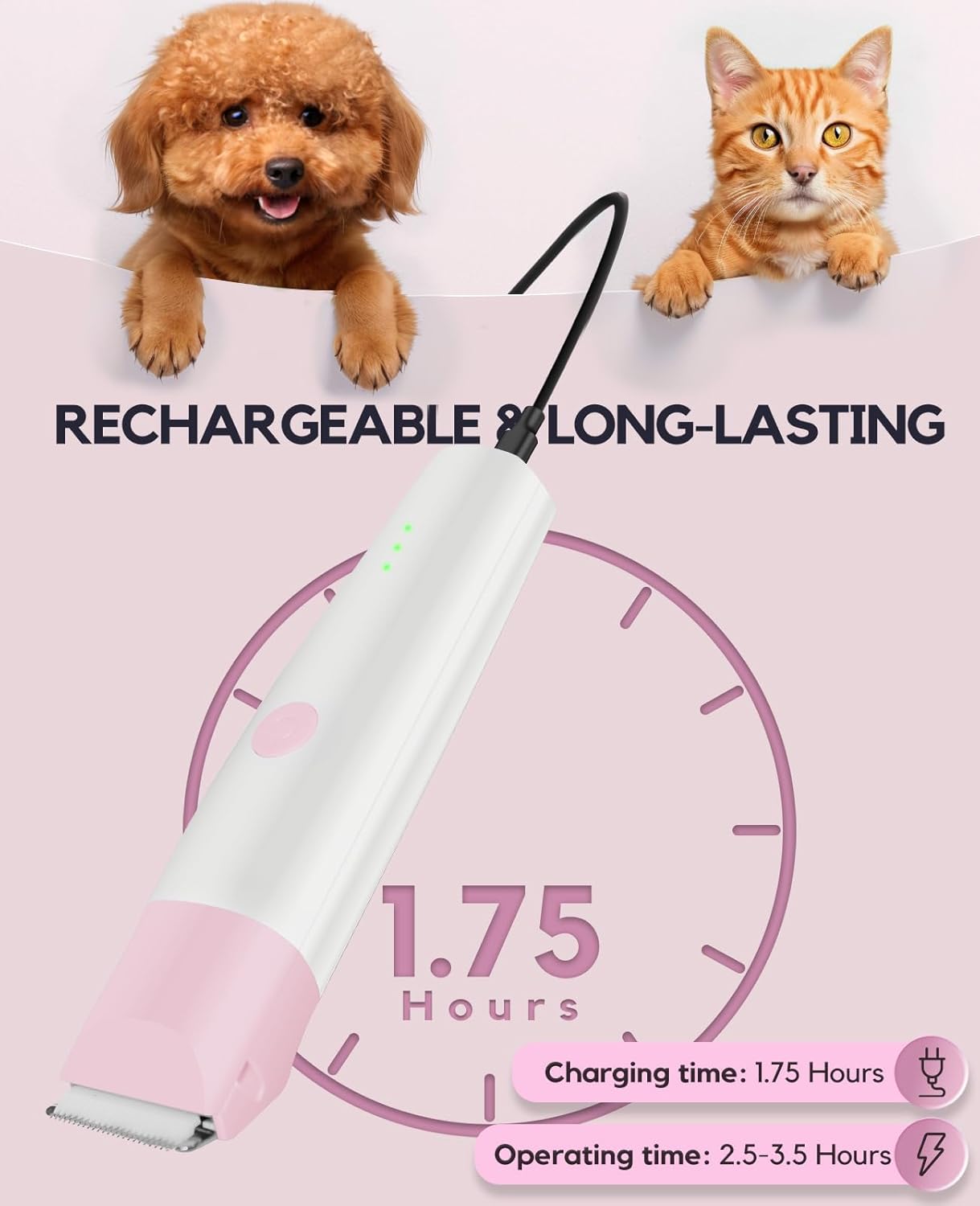Dog Clippers Grooming Kit, 4 in 1 Quiet Cordless Dog Paw Trimmer & Nail Grinder, Small Cat Clippers Electric Rechargeable Low Noise Pet Shaver for Trimming Hair on Paw Eye Ear Face Rump (Pink) - Image 4