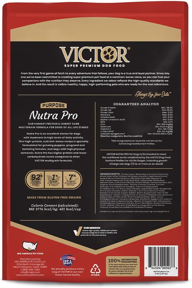 VICTOR Super Premium Dog Food – Purpose Nutra Pro – Gluten-Free, High Protein Low Carb Dry Kibble for Active Dogs of All Ages – Ideal for Sporting, Pregnant or Nursing Dogs & Puppies, 5lbs - Image 3