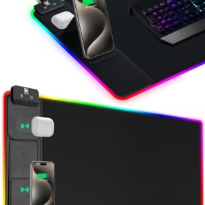 XXL Mouse Pad with Phone Holder – Black, RGB Desk Mat with 15W Fast Charging, LED Gaming Mousepad with 11 Light Colors, Waterproof Non-Slip Pad for Office & Home