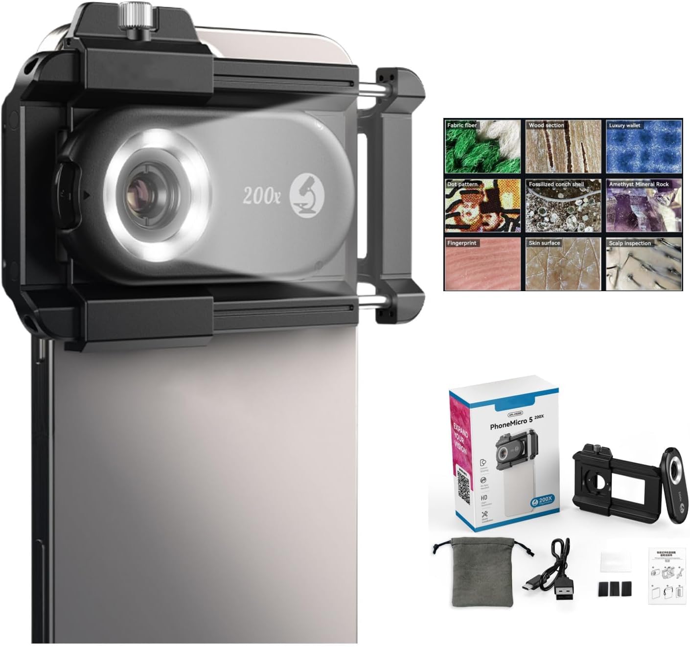 200X Phone Microscope Lens with CPL Filter & LED Light, Anti-Glare Pocket Macro Camera Attachment for iPhone & Android, Ideal for Coin Collecting, Jewelry Appraisal & STEM