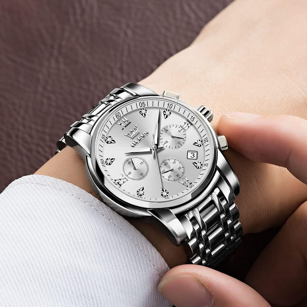 OLEVS Men's Stainless Steel Chronograph Watch, Big Face Gold Silver Black Tone Easy to Read Analog Quartz Watch, Luxury Waterproof Date Diamond Roman Arabic Numerals Dial Dress Watch for Men - Image 2