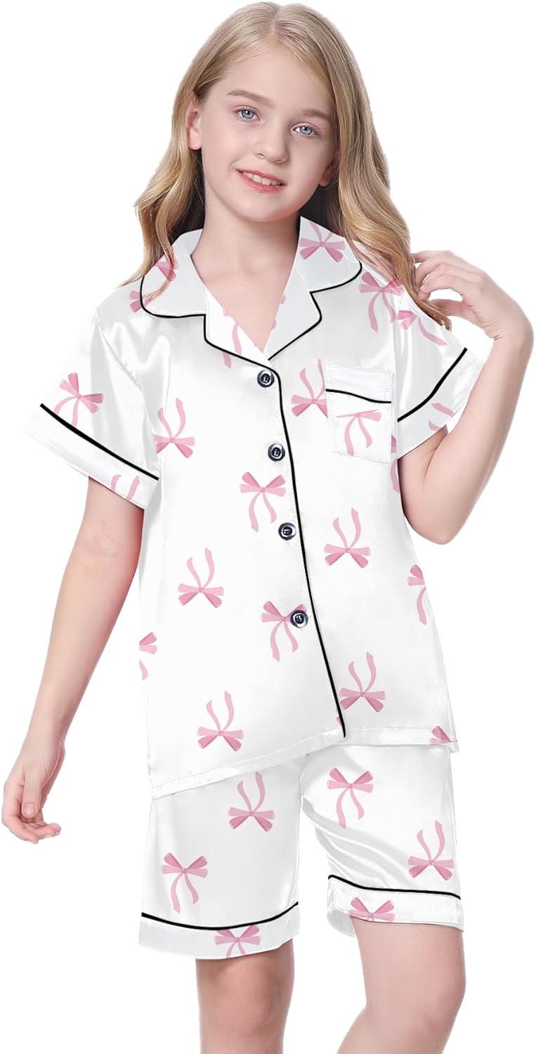Schbbbta Girls Womens Pajamas, Satin Silky Pjs Set Kids 2Pcs Button-Down Nightwear Sleepwear Gift for Mommy and me - Image 4