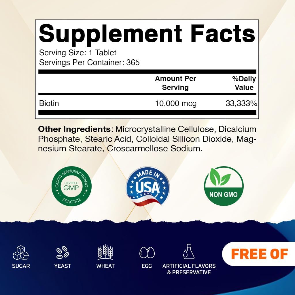 Vitamatic Biotin 10,000 mcg (10 mg) for Stronger Hair, Skin & Nails - 365 Vegan Tablets- Also Called Vitamin B7 - Image 2