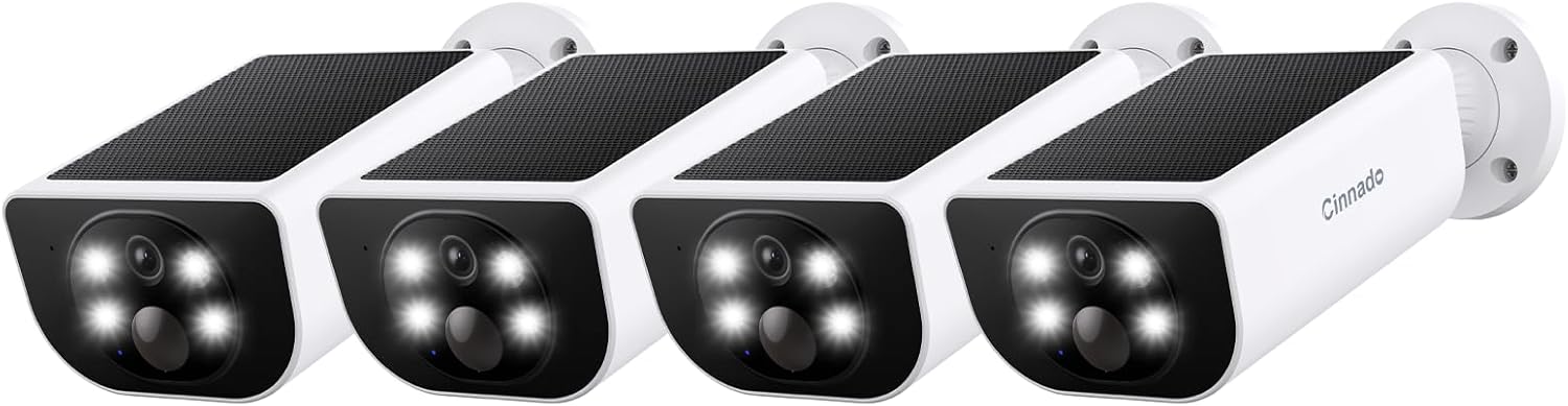 Cinnado Security Cameras Wireless Outdoor - Home Security Cameras Solar & Battery Powered with 2K Color Night Vision, 2-Way Talk & Spotlight, Continuous Power, 2.4 GHz Wi-Fi, Easy Set Up, S1 4 Pack
