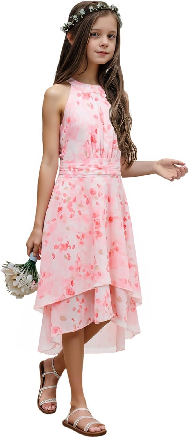 Chiffon Flowy Dresses Flower Girls Asymmetrical with Ruffles Sleveless Swing Party Gowns A-Line Dress… - Image 2