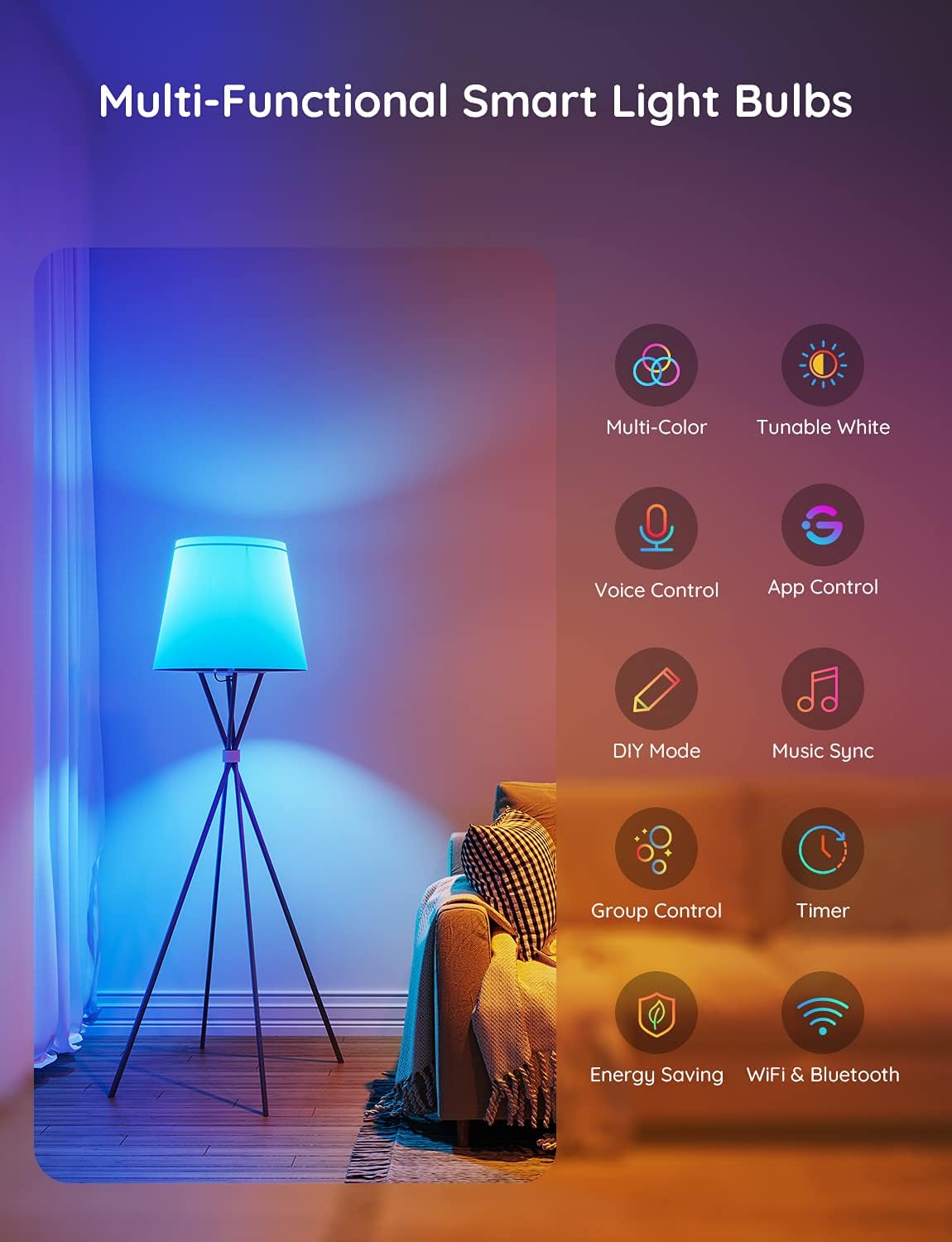 Govee Smart Light Bulbs, Color Changing Light Bulb, Works with Alexa and Google Assistant, 16 Million Colors RGBWW, WiFi & Bluetooth LED Light Bulbs, Music Sync, A19, 800 Lumens, 1 Pack - Image 8