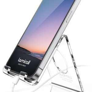 Lamicall Cell Phone Stand, Desk Accessories – Clear Office Cell Phone Holder, Acrylic Phone Stand, Desktop, Acrylic Office Desk Decor Accessories, Suitable for iPhone, 4-8” Phone, Gifts