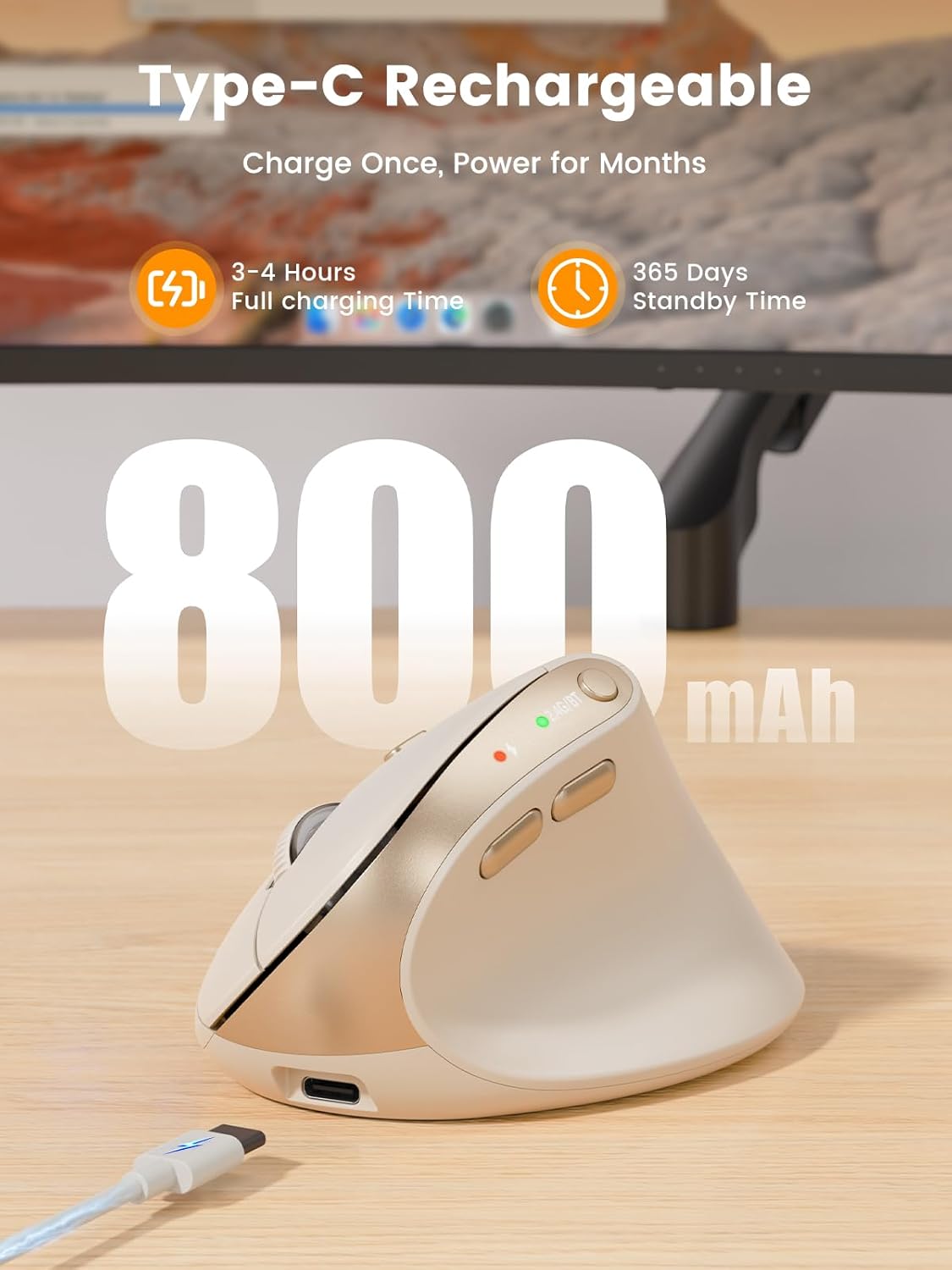 SABLUTE MAM3 Ergonomic Mouse, Rechargeable Wireless Vertical Mouse with 4 Adjustable DPI for Small/Medium Hands, Dual-Device Connectivity for Computer/PC/Laptop,Bluetooth Mouse for Window,Mac OS,Beige - Image 8