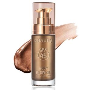 Body Shimmer Oil,Natural Glow Luminizer,SPF 45, Long Lasting Moisturizing Liquid Illuminator Highlighter Makeup Smooth Shimmer Glow for a Sun-Kissed Glow,Summer Glowing Makeup(Glistening Bronze)