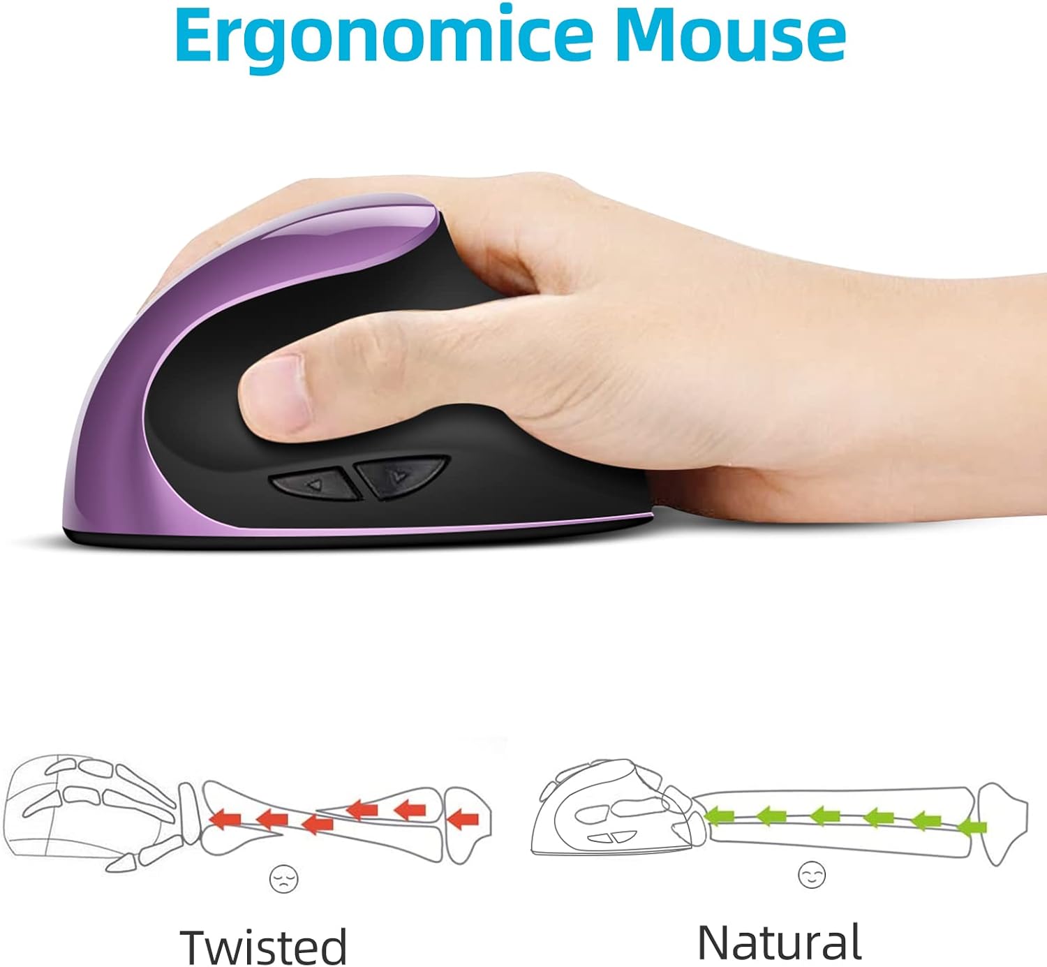 Ergonomic Mouse Wireless,Vertical Mouse with Silent Click Right Handed Small Mouses with 6 Buttons 1000/1200/1600 for Laptop,Desktop,PC, MacBook(Purple AA) - Image 2