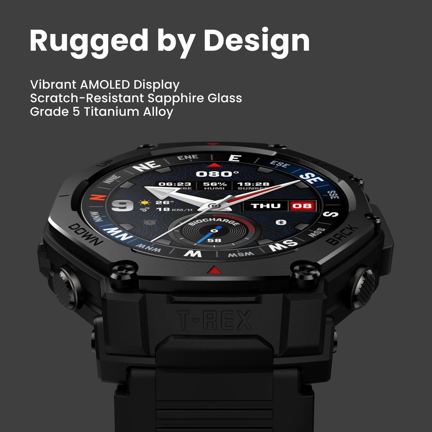 Amazfit T-Rex 3 Pro Outdoor Smart Watch 48mm Sapphire AMOLED Display, Ti Bezel, Dual Band GPS, Offline Maps, 25 Days Battery, Built-in Flashlight, 10 ATM, 180+ Sports Mode for Android & iPhone, Black - Image 2