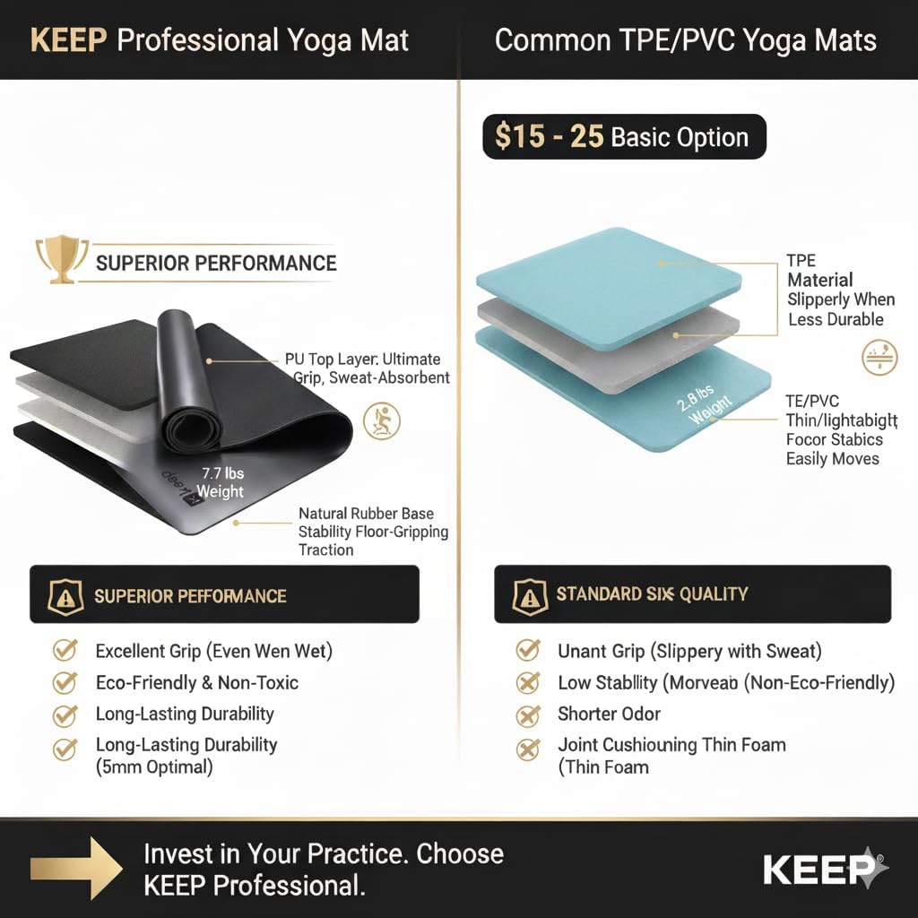 KEEP Rubber Yoga Mat - Professional Sweat Absorbent PU & Natural Rubber. Non Slip Workout Mats for Women & Men, 5mm Thick, 72"x26" Extra Long Wide Pad for Hot Yoga, Pilates, HIIT, Home Gym - Strap Included - Image 2